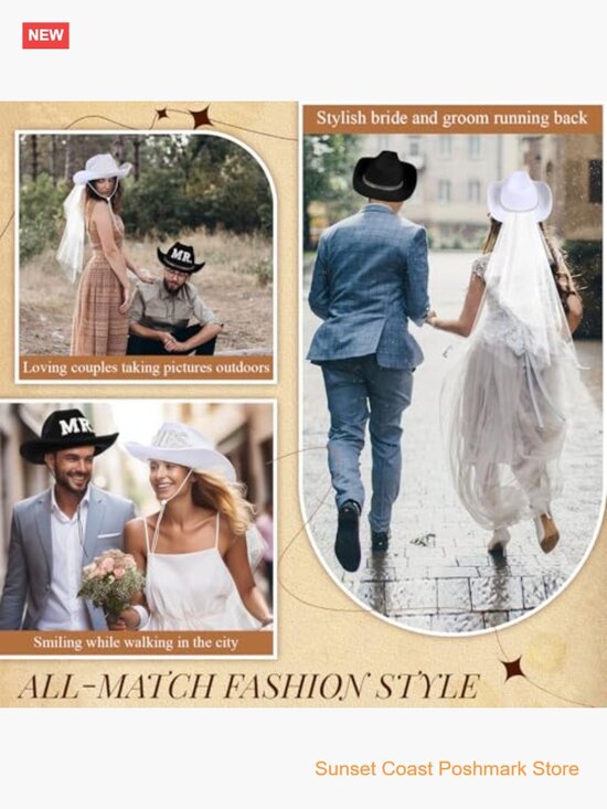 2 Pcs Bride & Groom Cowgirl Cowboy Hat Set with Veil Feathers main image 6